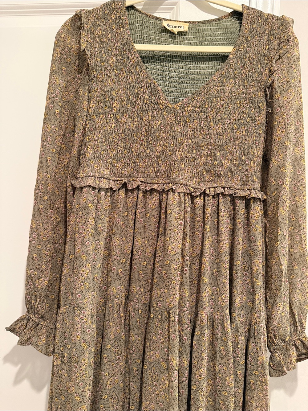 Remeri Olive Floral Smocked V-Neck Long Sleeve Dress